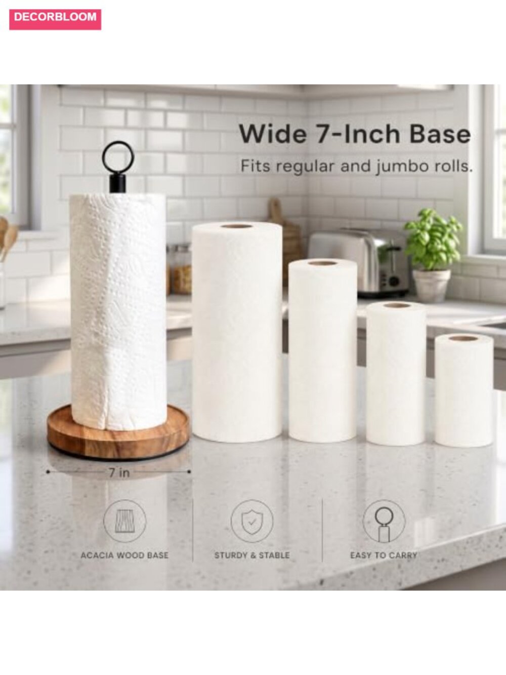 Solid Acacia Wood Paper Towel Holder with Metal Base, Freestanding Farmhouse - Picture 4 of 6